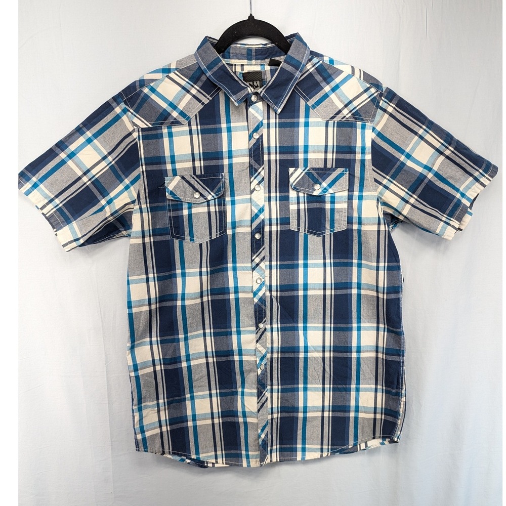 MICROS Men's Short Sleeve Plaid Pearl Snap Button‎ Up Shirt Blue Cream Size L